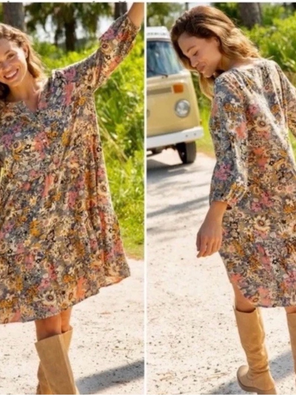 Natural Life Anita Tiered Floral Tunic Dress Gray Multicolor Flowy Boho S
